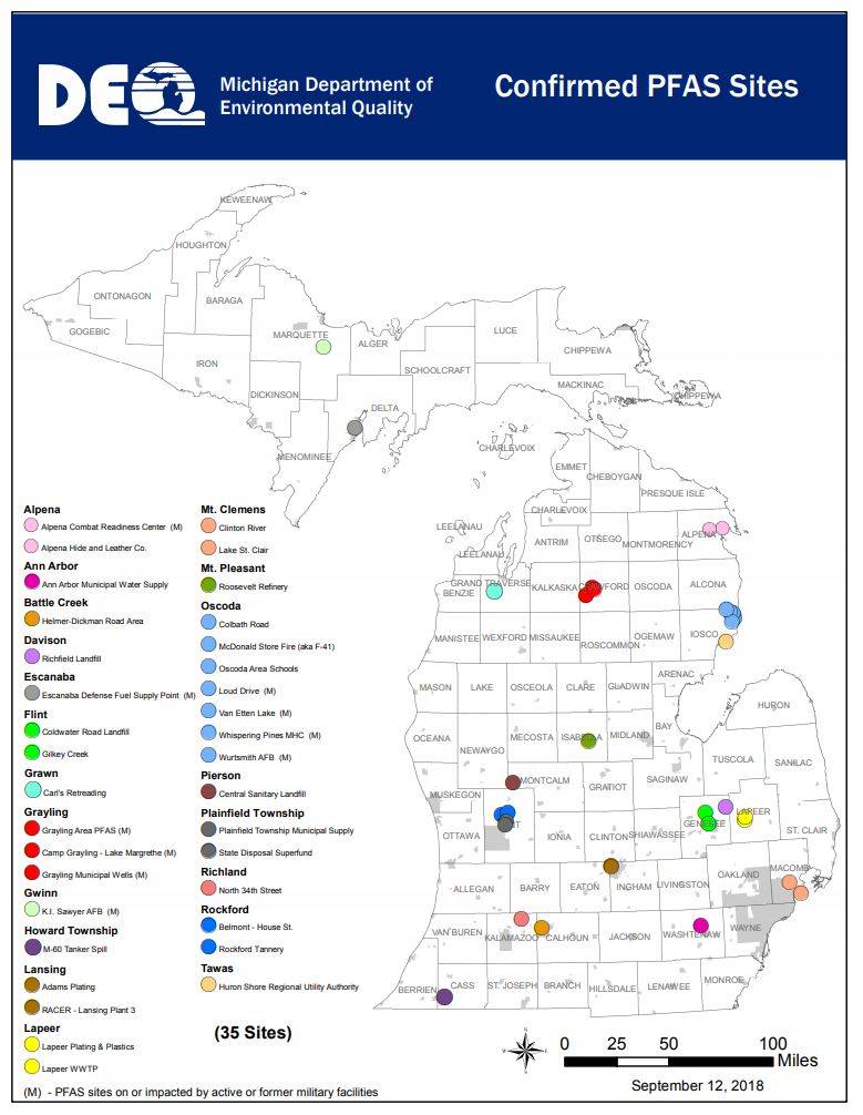 Map of MDEQ confirmed PFAS sites throughout the State of Michigan. (Source:https://www.michigan.gov/documents/deq/deq-map-confirmedPFASsites_611932_7.pdf)